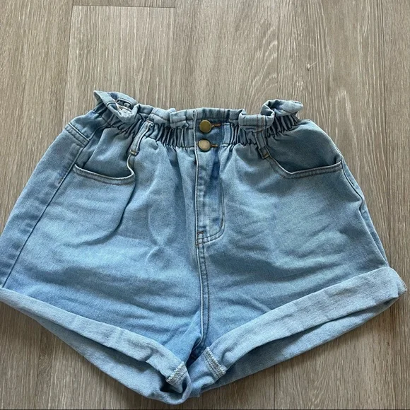 Open Road Denim Paper Bag Shorts Pale Blue